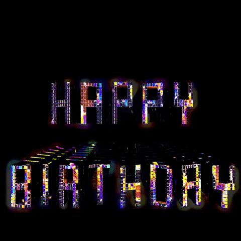 Text gif. A disco ball drops down and sends shimmers of blazing light across the black background above sequenced letters. Text, "Happy Birthday."