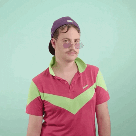 Video gif. A man with a moustache, a backwards purple cap, purple tinted sunglasses, and a bright red-and-chartreuse polo shirt tilts his shoulders in a low-key dance.