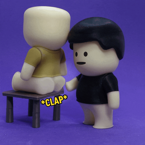 Video gif. A Lego with a black shirt and hair smacks the bare butt of another Lego sitting on a bench. Its buttcheeks bounce up and text reads, "*Clap*"