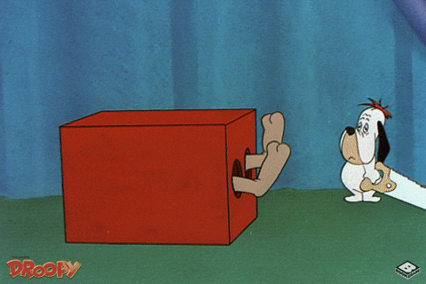 Gif of a Looney Toons cartoon in which Droopy saws a dog in half during a magic trick. The dog hops out of the top-most box and swaggers off but then the bottom part of his body walks in the opposite direction.