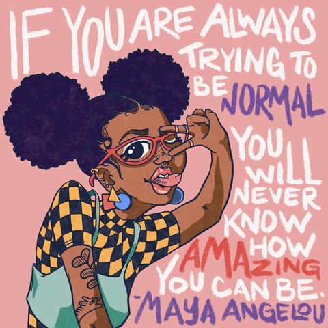 Illustrated gif. Girl with tattoos and a nose ring sticks out her tongue and holds up a peace sign with two fingers framing her eye as she winks. White text on a pink background, "If you are always trying to be normal, you will never know how amazing you can be. Maya Angelou."