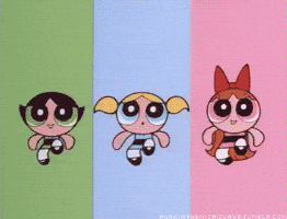Cartoon gif. In the Powerpuff Girls, Buttercup, Bubbles, and Blossom smile while running and talking in unison, each in front of a green, blue, or pink stripe background corresponding to their colors.
