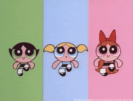 Cartoon gif. In the Powerpuff Girls, Buttercup, Bubbles, and Blossom smile while running and talking in unison, each in front of a green, blue, or pink stripe background corresponding to their colors.