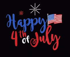 Text gif. alternating red, white, and blue text on a black background with an American flag and fireworks. Text, "Happy 4th of July."
