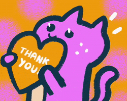 Illustrated gif. A cat hugs a heart that says, "Thank you!" while squeezing and squishing it. 