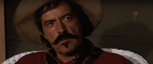 Meme gif. Powers Boothe as Curly Bill in Tombstone with his head cocked, glancing up, and saying well... bye.