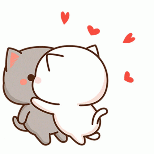 Digital illustration gif. White cat leans in to kiss a happy gray cat wiggling its ears who jumps back in surprise at the kiss. A few red hearts flap like they have wings as they kissed. 