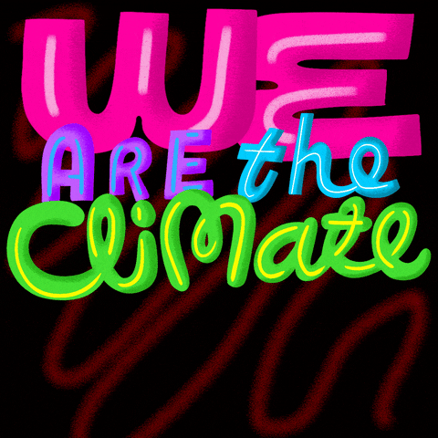 Text gif. Colorful spray-paint-style text against a black background reads, “We are the climate majority.”