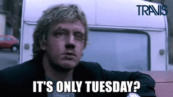 Celebrity gif. Andy Dunlop from the band Travis leans on the side of a truck with a bruised and swollen face. Text, "It's only Tuesday?"