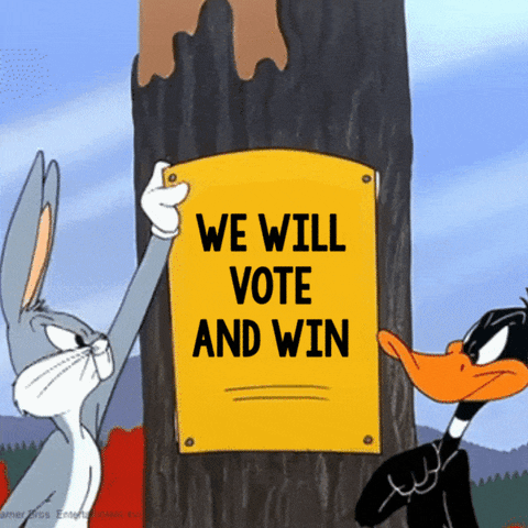 Cartoon gif. Bugs Bunny and Daffy Duck bickering, take turns ripping down a posted notice to reveal another, "Maga will lose and lie, We will vote and win, Maga will lose and lie, We will vote and win."