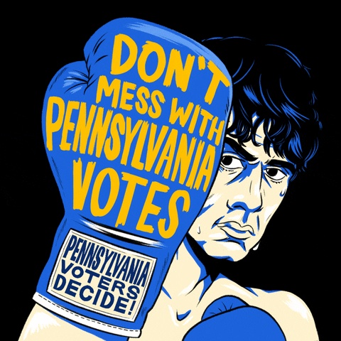 Illustrated gif. Silkscreen depiction of Sylvester Stallone as Rocky Balboa looking determined on a black background, right uppercut in the foreground, a message on his blue boxing glove. Text, "Don't mess with Pennsylvania votes. Pennsylvania voters decide."