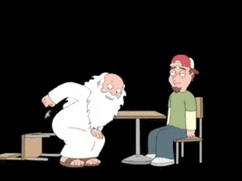Cartoon gif. Man with a backwards hat sits at a table. God squats in front of him and farts, creating a whole universe of galaxies behind him.