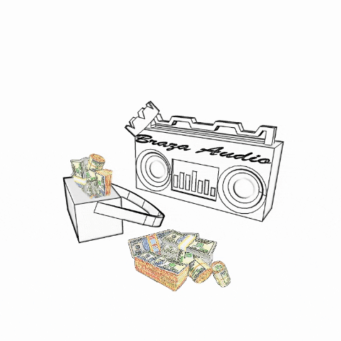 Illustrated gif. Line drawing of a boombox with a crown hanging on it, a pile of cash, and a box with another pile of cash. Text phrases flash on the screen, "New day, same goals, grab the bag, grab the crown, grab the boombox, never stop. Braza Audio, est 2016."