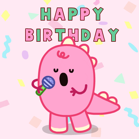 Digital art gif. A pink dinosaur sings cheerfully into a microphone as merry shapes fall on the pink background. Flashing green and pink text reads, "Happy Birthday".