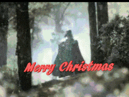 Video gif. Villains from movies all do nice, happy activities including Darth Vader walks towards us in a snowy, foggy landscape, Freddy Krueger picks flowers, Jason cuts down a Christmas tree with his chainsaw, and Dracula wakes up happily to the bright, sunny day. Text, “Merry Christmas.”