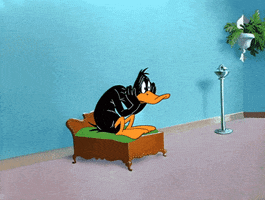 Cartoon gif. Daffy Duck sits crunched on a tiny bed, head in his wings, thinking, worried.