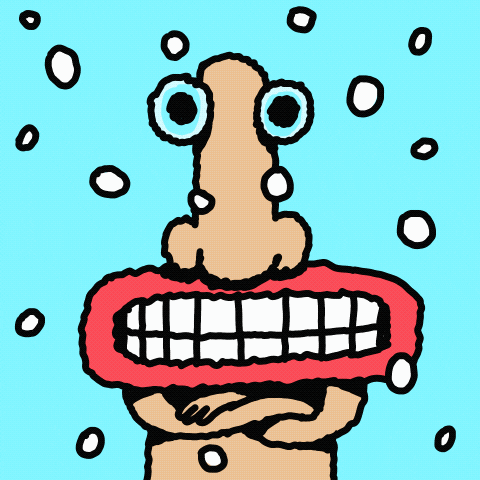 Digital art gif. Character made of a giant nose with attached eyes and a large red mouth, shivers as snow falls around him against a blue background.