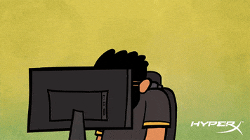 Illustrated gif. Man hunches close to his computer screen and then rolls backwards in his office chair to reveal his smug face and give a big thumbs up.