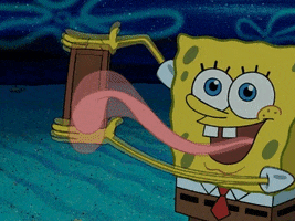 Cartoon gif. Spongebob from Spongebob Squarepants is holding an empty plate out and licking it. His tongue is incredibly long and he moves both his hands and his tongue in sync, to lick with the utmost efficiency.