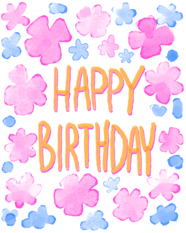 Text gif. Orange watercolor script wiggles against a background of dancing blue and pink stars. Text, "Happy Birthday!"