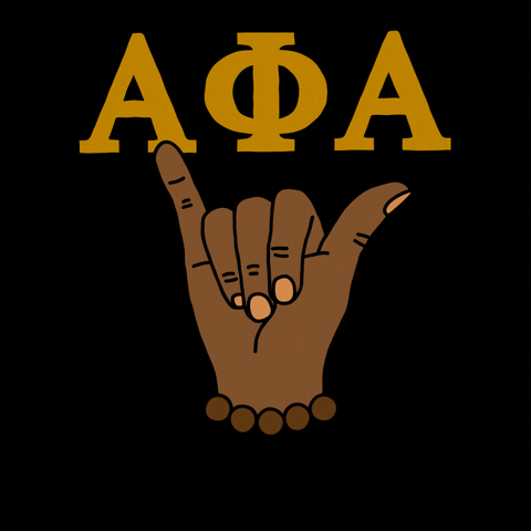 Illustrated gif. Deep brown hand thumb and pinky extended, then in a fist of solidarity, under the Greek letters for Alpha Phi Alpha in gold on a black background. Text, "Vote!"