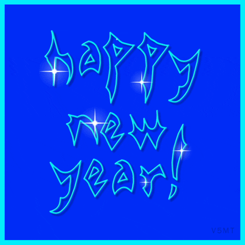 Text gif. Twinkling blue letters in a jagged graffiti font read "Happy new year!"
