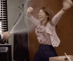 The Office gif. Ellie Kemper as Erin flails around excitedly as she is sprayed with champagne.