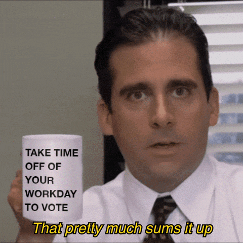The Office gif. Steve Carell as Michael holds up a white mug labeled “Take time off of your workday to vote,” and says soberly, “That pretty much sums it up.”