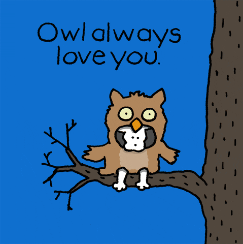 Cartoon gif. Chippy the dog sits on a tree branch in an owl costume and waves his wing. Text, "Owl always love you."