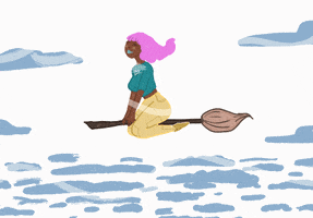 Illustrated gif. Black woman with pink hair rides a broomstick through the sky, her hair and the bristles of the broomstick waving in the wind.