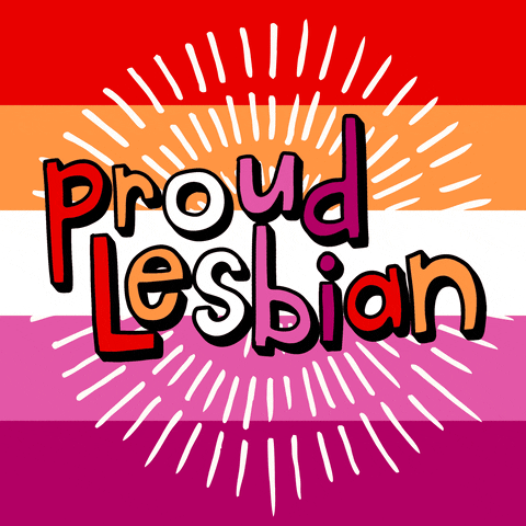 Digital art gif. Flashing lines combine to make up concentric white circles behind pink, white, orange, and red text that reads, "Proud lesbian," all against a background of stripes the colors of the lesbian flag (pink, white, orange, and red."