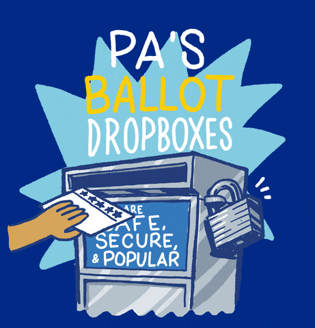 Digital art gif. Hand drops a ballot into a locked silver ballot box against a blue background. Text, “PA’s ballot dropboxes are safe, secure, and popular.”
