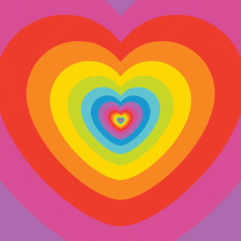 Digital art gif. A rainbow of hearts zooms in towards us like we're moving through a disorienting tunnel. 