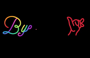 Text gif. Rainbow text on a black background. A Rainbow hand waves goodbye and a line is drawn underneath the text. Text, “Bye Felicia.”