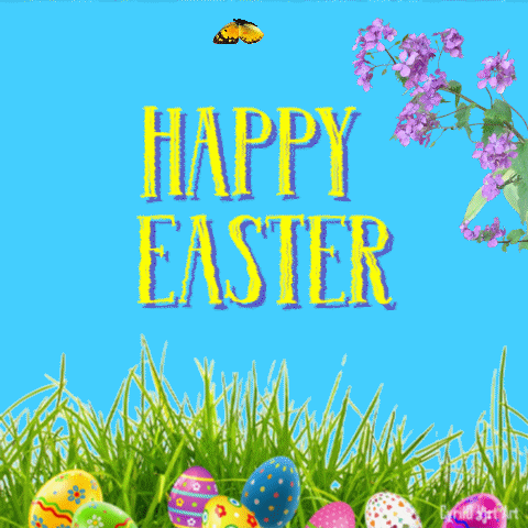 Digital illustration gif. Several butterflies flutter above a tall grassy lawn filled with colorful Easter eggs. A purple lilac bush sways in the breeze. Text, "Happy Easter."