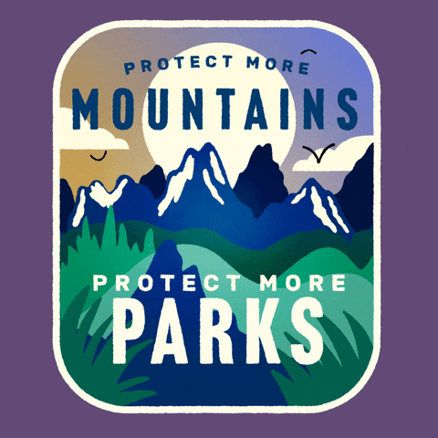 Digital art gif. Outline shaped like a sticker, inside of which is an illustration of a beautiful, lush mountain range and flying birds, and text that reads, "Protect more mountains, protect more parks," all against a deep purple background.