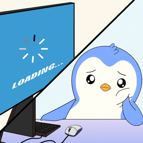 Cartoon penguin waiting for a slow download