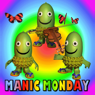 Digital art gif. Three cucumbers wearing flip-flops dance, one plays the violin with butterflies dancing around its head. Text, “Manic Monday.”