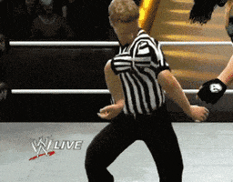 Digital art gif. A computer rendering of the referee at W Live is doing a double jointed dance move, spinning their arms around 360 degrees and ending with a thumbs up. 