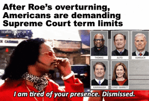 Video gif. Annoyed man puts on his sunglasses as he looks toward the photos of Judges Thomas, Alito, Gorsuch, Kavanaugh, and Coney Barrett and says, “I am tired of your presence. Dismissed.” The caption reads, “After Roe’s overturning, Americans are demanding Supreme Court term limits.”