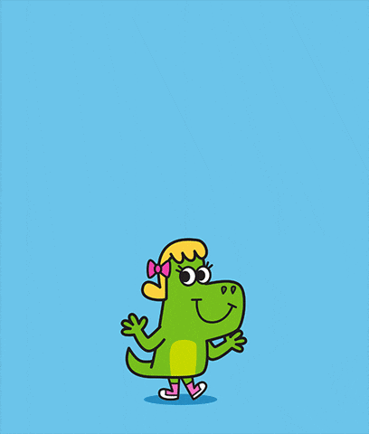 Cartoon gif. A green dinosaur girl with blonde hair, a pink bow, and pink sneakers. She reaches up to give a hug, wagging her tail like a dog, with a big grin on her face. As she reaches up, the text “Sending hugs!” appears then pops like a balloon. 