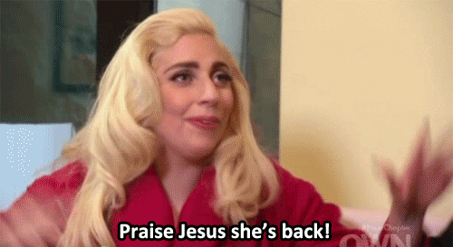 GIF of woman saying "Praise Jesus she's back"