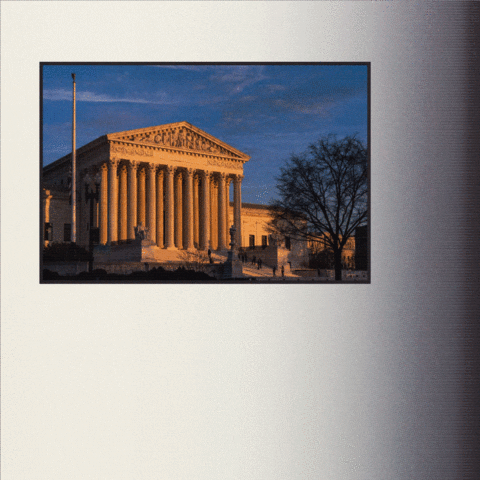 Photo gif. Supreme Court building is framed in black against an ivory background. Green check mark is scrawled before text that reads, "Judge Jackson: A Justice like no other, chosen just like all the others."