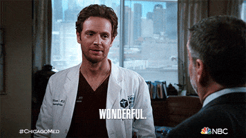 TV gif. Nick Gehlfuss as Dr. Will Halstead on Chicago Med turns away from someone with a disappointed expression and sarcastically says, “Wonderful.”