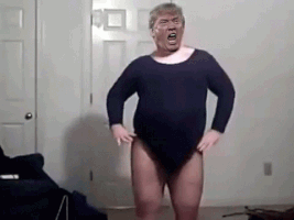 Digital art gif. The face of an enraged, shouting Donald Trump superimposed onto the body of a very large dancer, dressed in a leotard, shimmying and posing.
