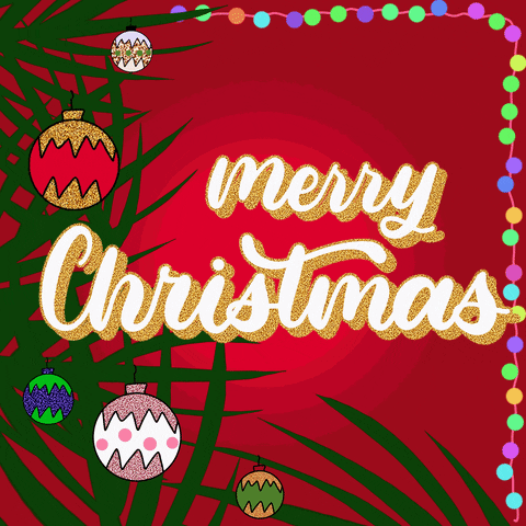 Text gif. Tree branches with ornaments and flashing Christmas lights surround the words "Merry Christmas."