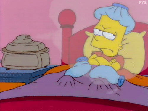 The Simpsons tv show Bart Simpson laying in bed sick and looking unhappy that he has to have steam around him gif