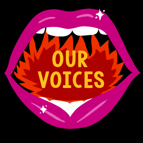 Digital art gif. Shining pink pair of lips with an orange and red fire raging inside opens against a black background. Text, “Our votes.”