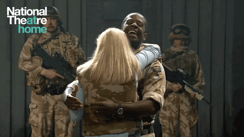 Gif of Othello and Desdemona hugging from the National Theatre Live performance