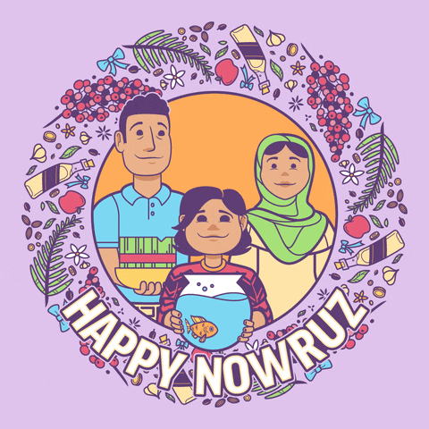 Illustrated gif. Family of three smiles and blinks as they hold a pot of wheatgrass and a fishbowl within a circular frame. Flora, nuts, coins, and fruit surround them on a lilac background. Text, "Happy Nowruz."